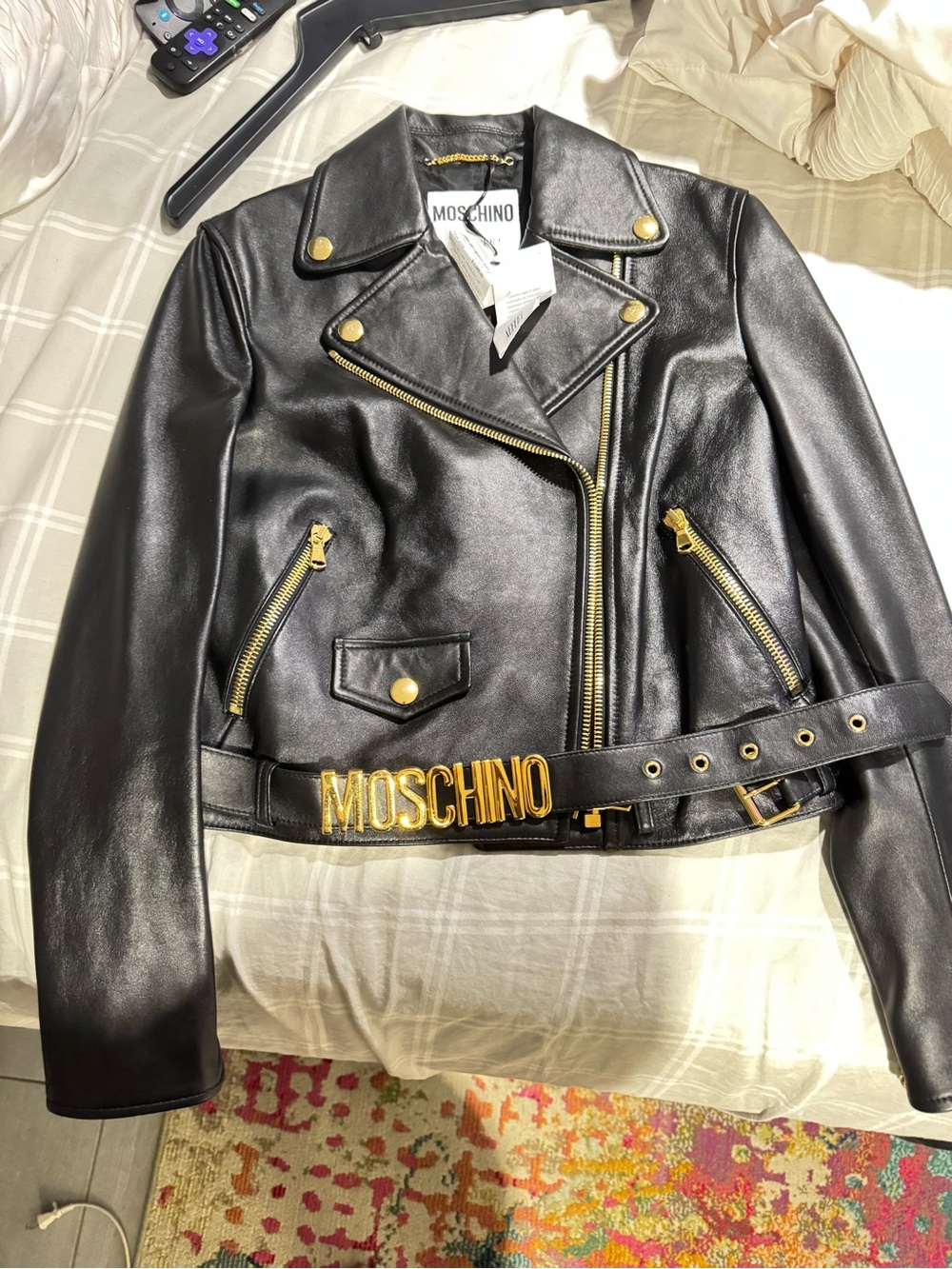 Moschino Black Leather Biker Jacket with Gold Hardware and Logo Belt Accent